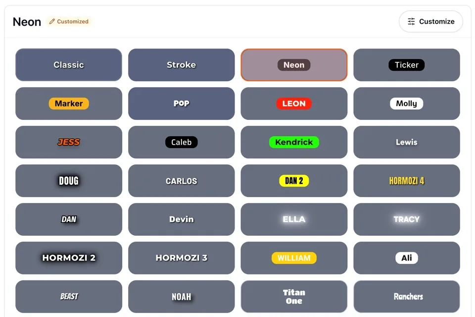 Caption style presets including Bold Pop-up, Gradient Highlight, Karaoke, and Neon Glow