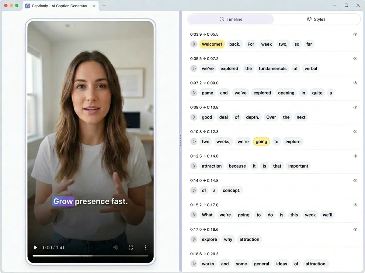 Timeline editor showing word-level caption editing with real-time preview